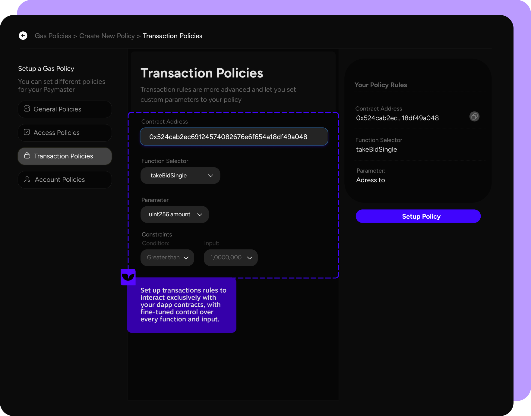 Transaction policies dashboard