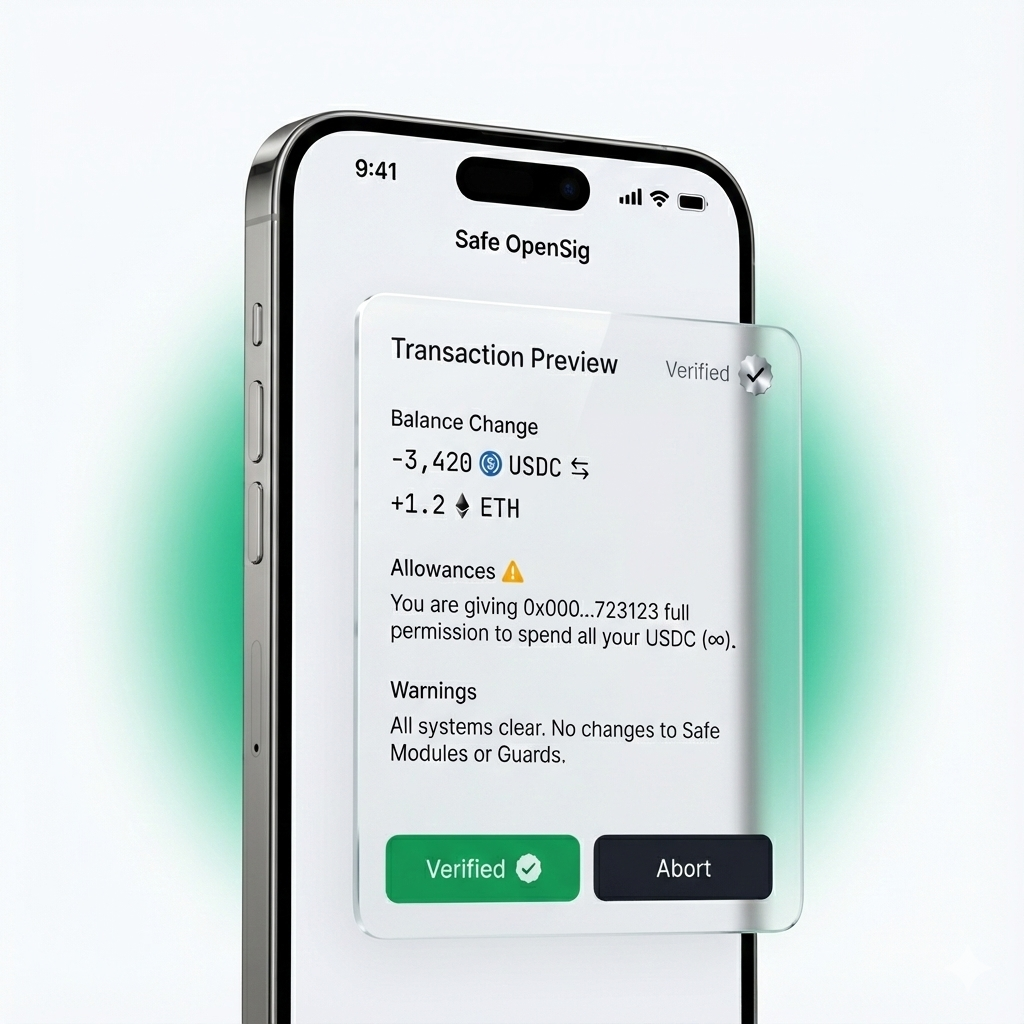 Safe OpenSig Transaction Preview showing balance changes, allowances, and warnings